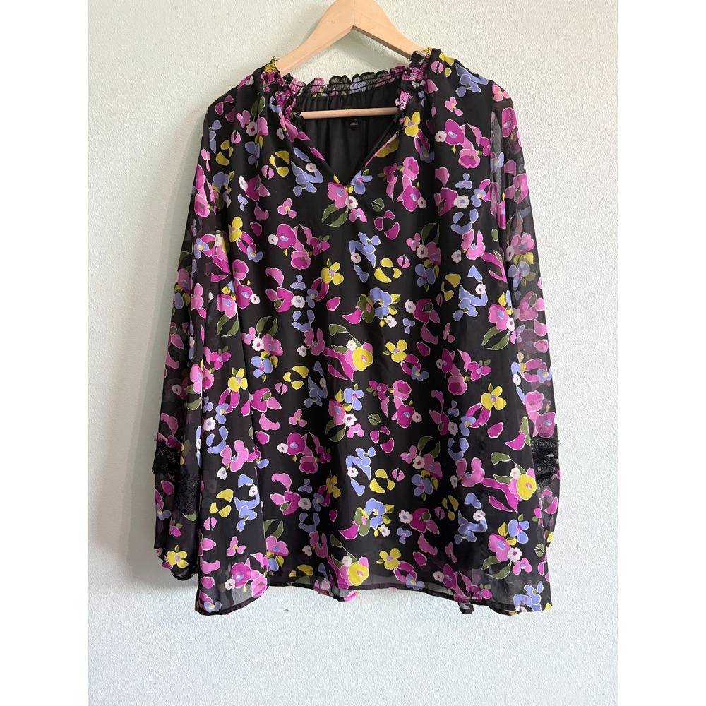 Lane Bryant Blouse Tunic SZ Plus 26 Purple Floral Sheer‎ Cold Shoulder Top